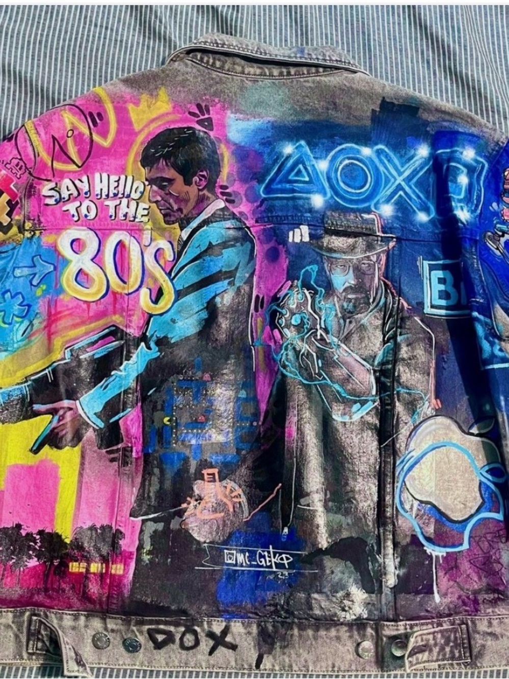 Zara Multicolor Graffiti Denim Jacket with Neon Pink & Blue Art